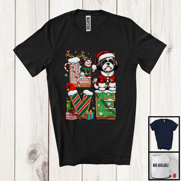 MacnyStore - LOVE, Joyful Christmas Santa Shih Tzu Owner Lover, X-mas Candy Cane Snowing Around T-Shirt