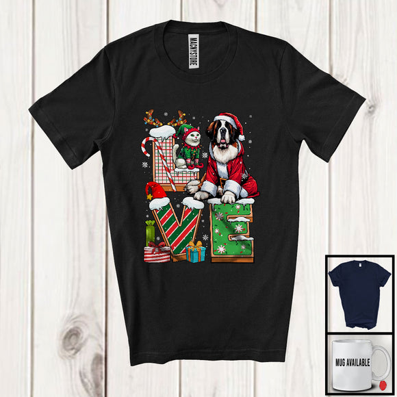 MacnyStore - LOVE, Joyful Christmas Santa St. Bernard Owner Lover, X-mas Candy Cane Snowing Around T-Shirt