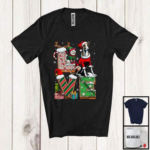 MacnyStore - LOVE, Joyful Christmas Santa Whippet Owner Lover, X-mas Candy Cane Snowing Around T-Shirt