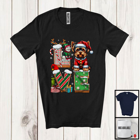 MacnyStore - LOVE, Joyful Christmas Santa Yorkshire Terrier Owner Lover, X-mas Candy Cane Snowing Around T-Shirt