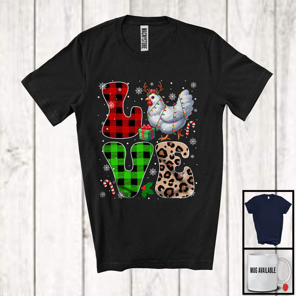 MacnyStore - LOVE; Lovely Christmas Lights Leopard Plaid Chickens; Matching Chickens Lover Family Group T-Shirt