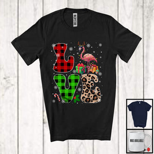 MacnyStore - LOVE; Lovely Christmas Lights Leopard Plaid Flamingos; Matching Flamingos Lover Family Group T-Shirt