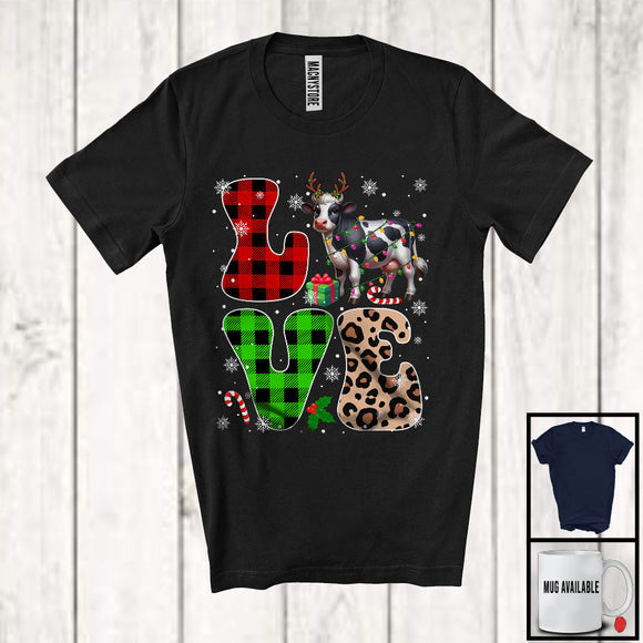 MacnyStore - LOVE; Lovely Christmas Lights Leopard Plaid Gnomes; Matching Cows Lover Family Group T-Shirt