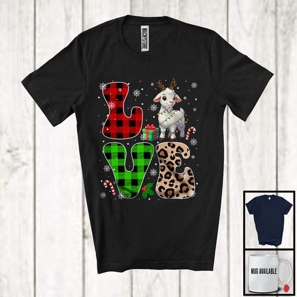 MacnyStore - LOVE; Lovely Christmas Lights Leopard Plaid Goats; Matching Goats Lover Family Group T-Shirt