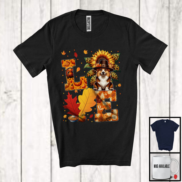 MacnyStore - LOVE, Wonderful Thanksgiving Pilgrim Corgi Animal Lover, Leopard Sunflower Pumpkins T-Shirt