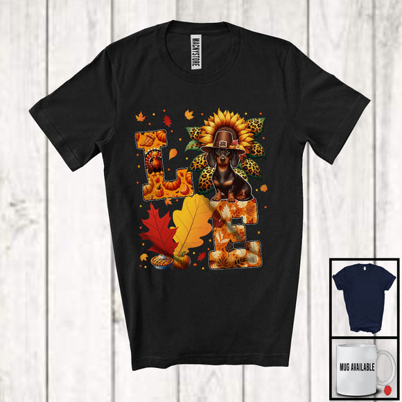 MacnyStore - LOVE, Wonderful Thanksgiving Pilgrim Dachshund Animal Lover, Leopard Sunflower Pumpkins T-Shirt