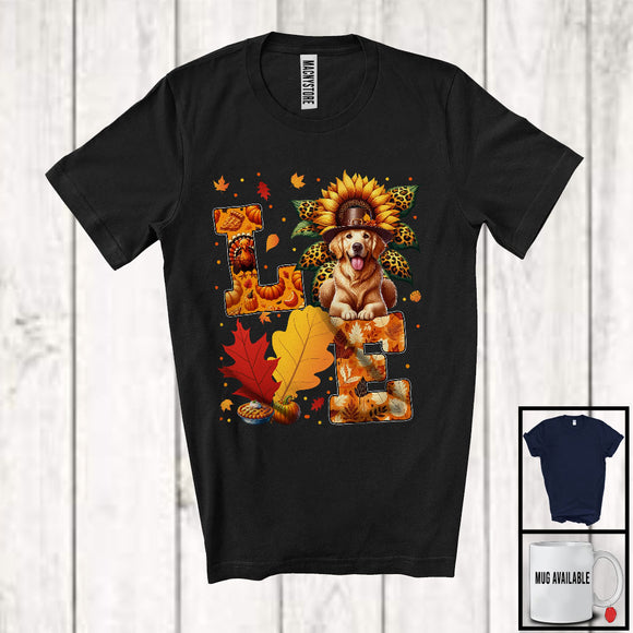 MacnyStore - LOVE, Wonderful Thanksgiving Pilgrim Golden Retriever, Leopard Sunflower Pumpkins T-Shirt