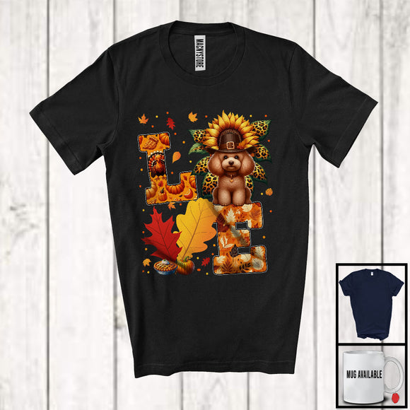 MacnyStore - LOVE, Wonderful Thanksgiving Pilgrim Poodle Animal Lover, Leopard Sunflower Pumpkins T-Shirt