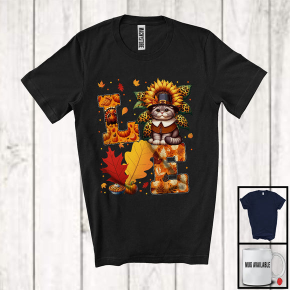 MacnyStore - LOVE, Wonderful Thanksgiving Pilgrim Scottish Fold Cat, Leopard Sunflower Pumpkins T-Shirt