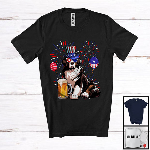 MacnyStore - Landseer Drinking Beer, Cheerful 4th Of July Drunker Fireworks, American Flag Patriotic Group T-Shirt