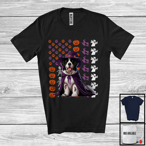 MacnyStore - Landseer Witch On American Flag, Adorable Halloween Pumpkin Paws, Patriotic Group T-Shirt