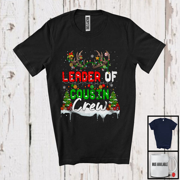 MacnyStore - Leader Of Cousin Crew; Awesome Christmas Tree Snowing Reindeer; X-mas Family Group T-Shirt