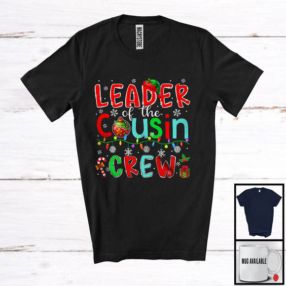 MacnyStore - Leader Of The Cousin Crew; Colorful Christmas Lights Ornaments Elf; X-mas Family Group T-Shirt