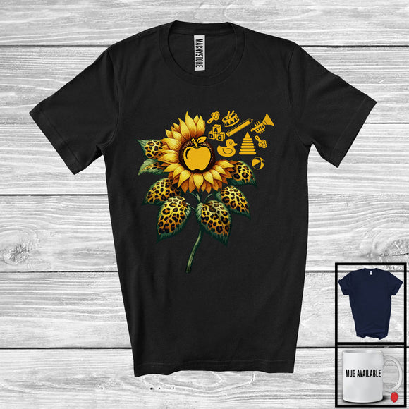 MacnyStore - Leopard Sunflower With School Things, Lovely Sunflower Daycare Provider, Women Family Group T-Shirt