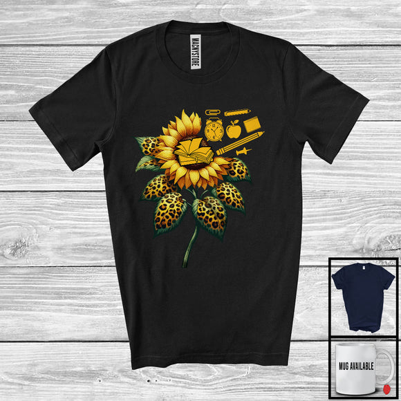 MacnyStore - Leopard Sunflower With School Things, Lovely Sunflower Flowers Teacher, Women Family Group T-Shirt