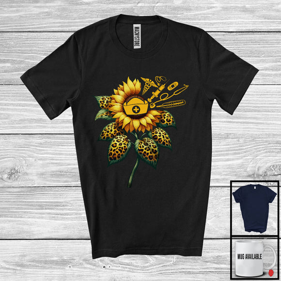 MacnyStore - Leopard Sunflower With Tools Nurse, Lovely Sunflower Flowers, Girls Women Family Group T-Shirt