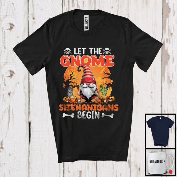 MacnyStore - Let The Gnome Shenanigans Begin, Awesome Halloween Moon Gnome, Zombie Hand Pumpkins T-Shirt