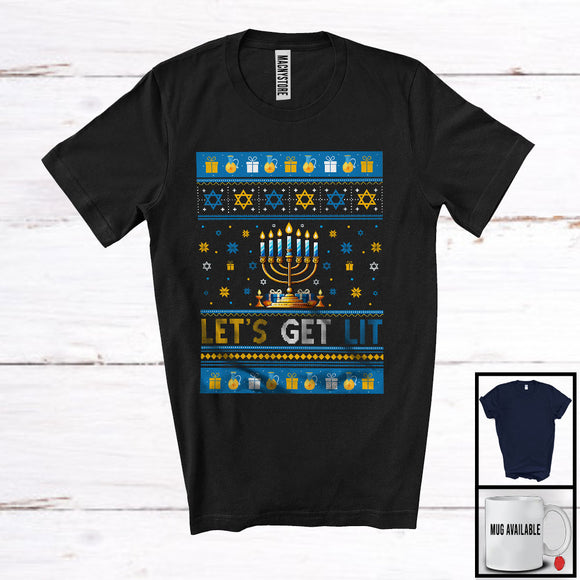 MacnyStore - Let's Get Lit; Joyful Hanukkah Chanukah Proud Family; Sweater Menorah Lights Dreidel T-Shirt