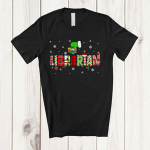 MacnyStore - Librarian; Colorful Christmas Lights Plaid Green Santa Hand; Librarian Squad T-Shirt