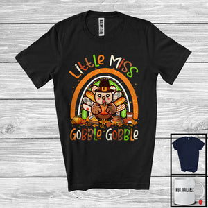 MacnyStore - Little Miss Gobble; Adorable Thanksgiving Turkey Pumpkins; Fall Autumn Leaves Rainbow T-Shirt