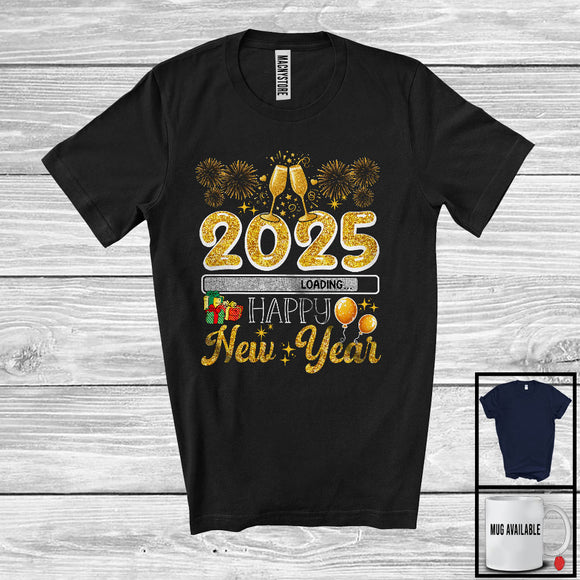 MacnyStore - Loading Happy New Year 2025; Cheerful New Year Drinking Fireworks; Family Friends Group T-Shirt