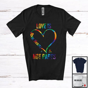 MacnyStore - Love Is About Hearts Not Parts, Colorful LGBT LGBTQ Pride Rainbow Heart Shape, Gay Proud T-Shirt