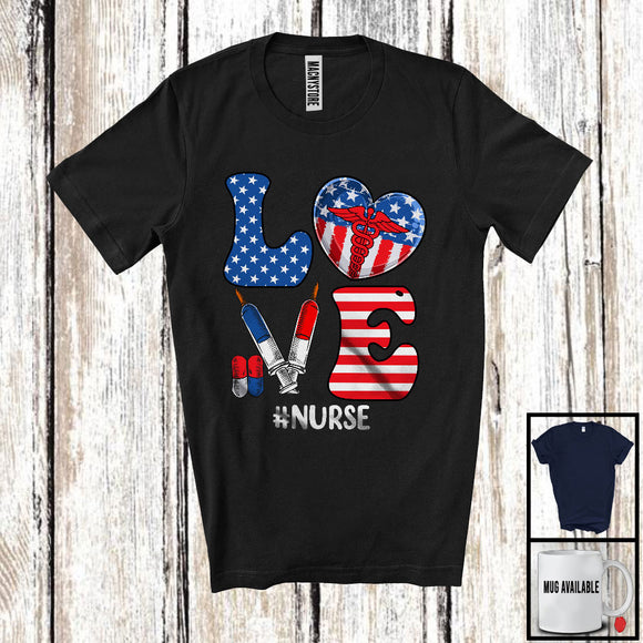 MacnyStore - Love Nurse, Amazing 4th Of July American Flag, Matching Careers Proud Patriotic T-Shirt