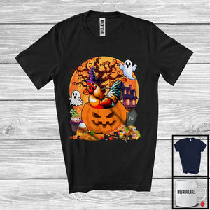 MacnyStore - Lovely Chicken Witch Inside Pumpkin, Scary Halloween Moon, Matching Farmer Family Group T-Shirt