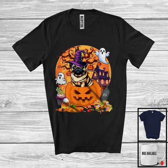 MacnyStore - Lovely Dog Witch Inside Pumpkin, Scary Halloween Moon, Matching Farmer Family Group T-Shirt