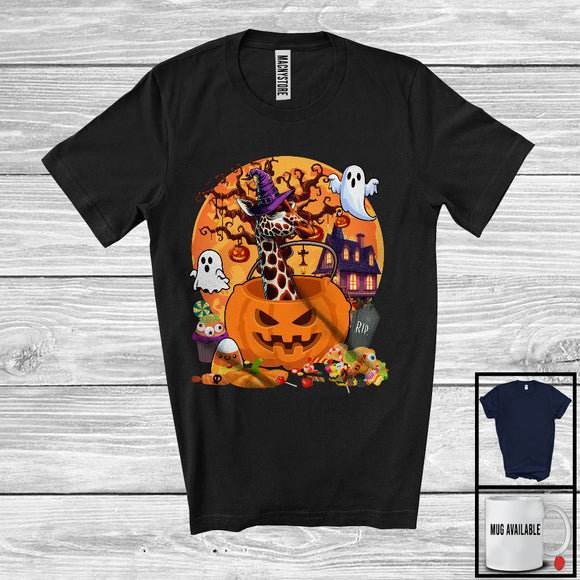 MacnyStore - Lovely Giraffe Witch Inside Pumpkin, Scary Halloween Moon, Matching Farmer Family Group T-Shirt