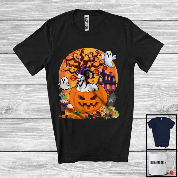 MacnyStore - Lovely Goat Witch Inside Pumpkin, Scary Halloween Moon, Matching Farmer Family Group T-Shirt