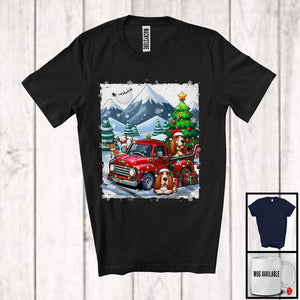 MacnyStore - Lovely Santa Basset Hound With Red Pickup Truck; Cool Christmas Tree Lights; Winter Snowing T-Shirt