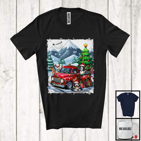 MacnyStore - Lovely Santa Bearded Collie With Red Pickup Truck; Cool Christmas Tree Lights; Winter Snowing T-Shirt