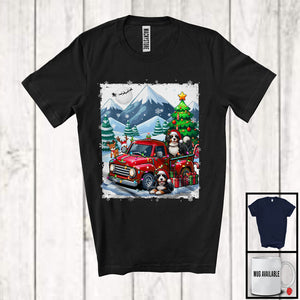 MacnyStore - Lovely Santa Bernedoodle Dog With Red Pickup Truck; Cool Christmas Tree Lights; Winter Snowing T-Shirt