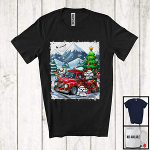 MacnyStore - Lovely Santa Bichon Frise With Red Pickup Truck; Cool Christmas Tree Lights; Winter Snowing T-Shirt