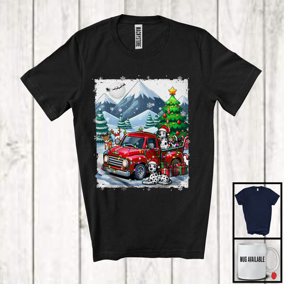 MacnyStore - Lovely Santa Dalmatian With Red Pickup Truck; Cool Christmas Tree Lights; Winter Snowing T-Shirt