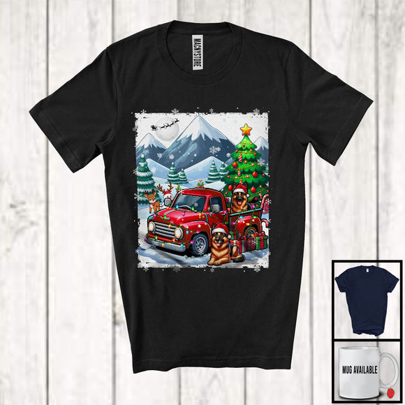 MacnyStore - Lovely Santa German Shepherd With Red Pickup Truck; Cool Christmas Tree Lights; Winter Snowing T-Shirt