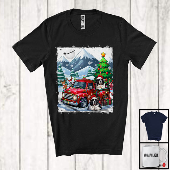 MacnyStore - Lovely Santa Landseer With Red Pickup Truck; Cool Christmas Tree Lights; Winter Snowing T-Shirt