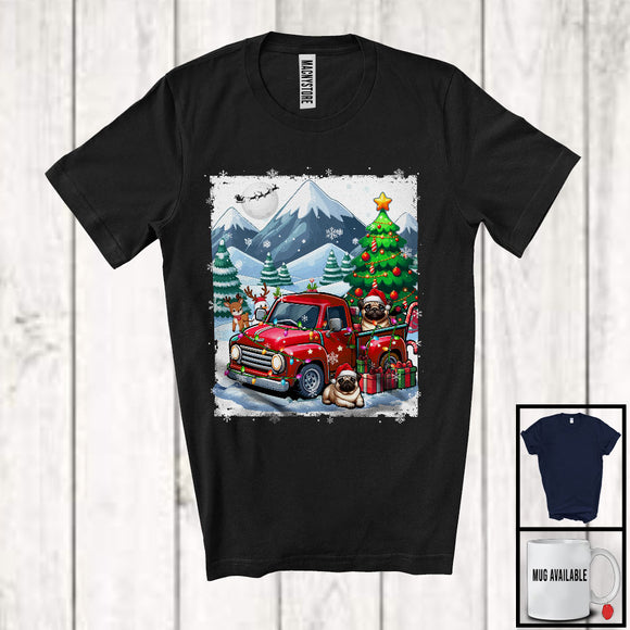 MacnyStore - Lovely Santa Pug With Red Pickup Truck; Cool Christmas Tree Lights; Winter Snowing T-Shirt