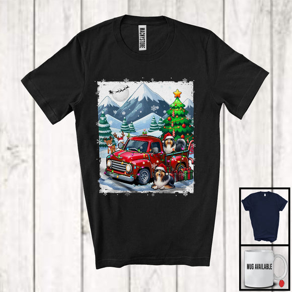 MacnyStore - Lovely Santa Shetland Sheepdog With Red Pickup Truck; Cool Christmas Tree Lights; Winter Snowing T-Shirt