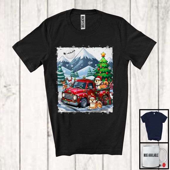 MacnyStore - Lovely Santa Shiba Inu With Red Pickup Truck; Cool Christmas Tree Lights; Winter Snowing T-Shirt