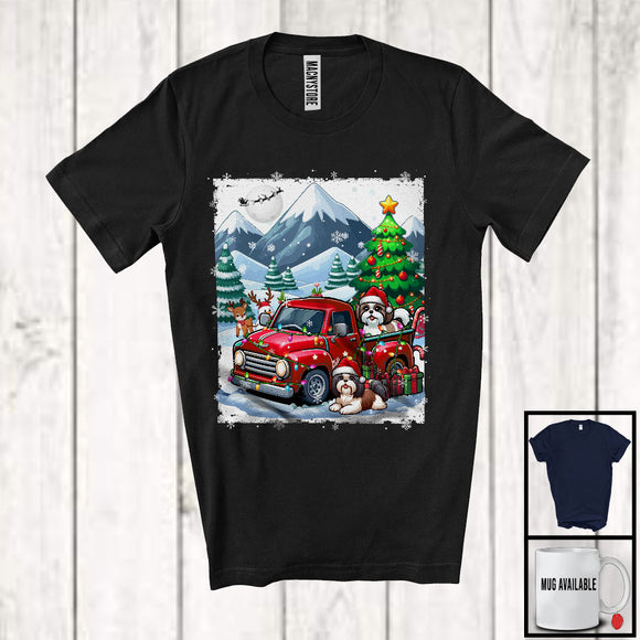 MacnyStore - Lovely Santa Shih Tzu With Red Pickup Truck; Cool Christmas Tree Lights; Winter Snowing T-Shirt