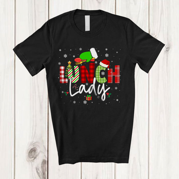 MacnyStore - Lunch Lady; Colorful Christmas Lights Plaid Green Santa Hand; Lunch Lady Squad T-Shirt