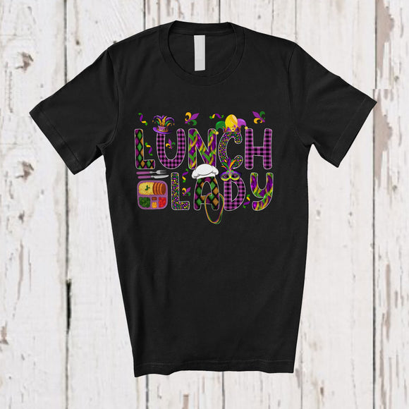 MacnyStore - Lunch Lady; Joyful Mardi Gras Jester Hat Beads Lunch Tray Lunch Lady; Plaid Jobs Careers Family T-Shirt