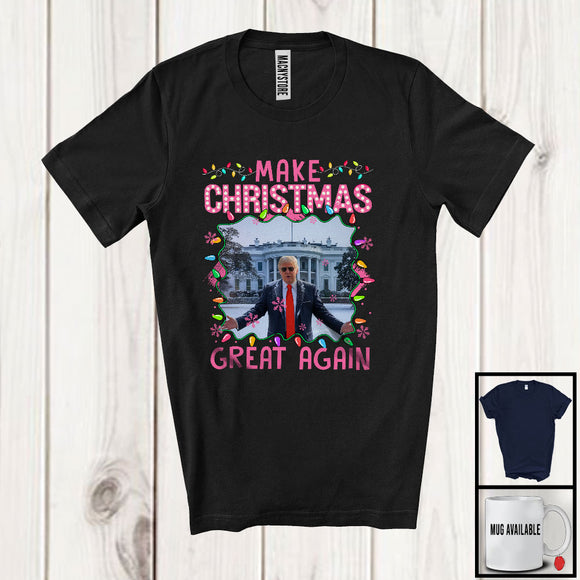 MacnyStore - Make Christmas Great Again; Humorous X-mas Lights Snowing Trump America Flag; Pink Patriotic T-Shirt