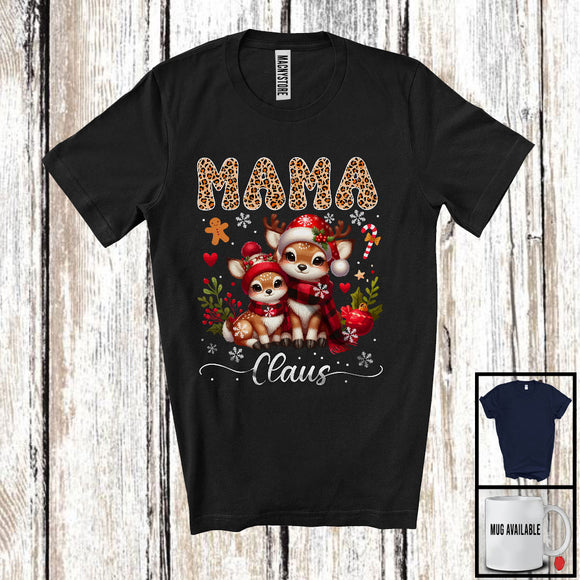 MacnyStore - Mama Claus; Lovely Christmas Leopard Plaid Reindeer Lover; X-mas Snowing Family Group T-Shirt