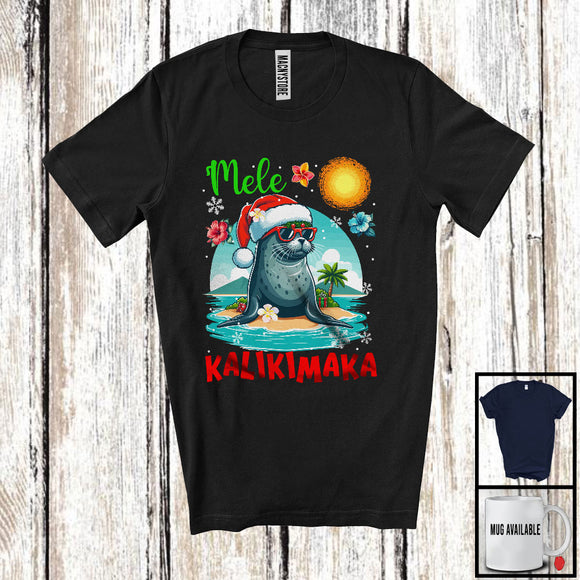 MacnyStore - Mele Kalikimaka; Awesome Christmas Hawaiian Santa Monk Seal Sea Animal; Family Group T-Shirt