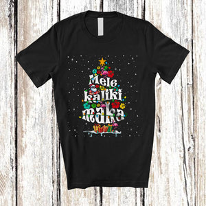 MacnyStore - Mele Kalikimaka; Awesome Christmas Lights Tropical Hibiscus; Flamingo Santa Hawaiian Family T-Shirt