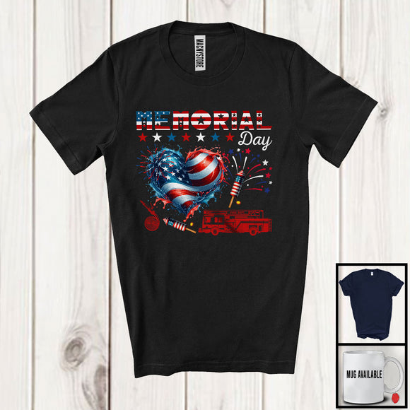 MacnyStore - Memorial Day, Proud Firefighter Patriotic Group, American Flag Firefighter Tools Heart Shape T-Shirt