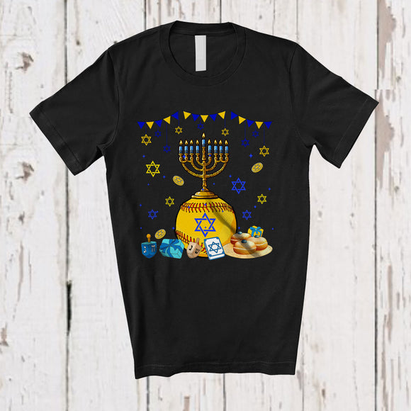 MacnyStore - Menorah With Softball Equipment; Wonderful Hanukkah Family Softball Player Playing; Sport Team T-Shirt